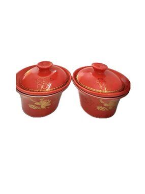 Chinese Gaiwan Red Gold Cup Saucer Bowl Lid Kung Fu Tea Set for 2 EUC
